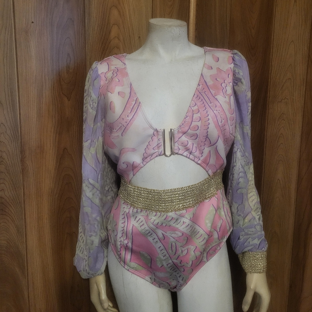 River Island Long Sleeve One-Piece Swimsuit in Purple Sz 14